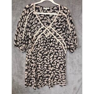Black Rainn Women Bird Print Chiffon Tunic Top Black White Boho Lace Trim Large
